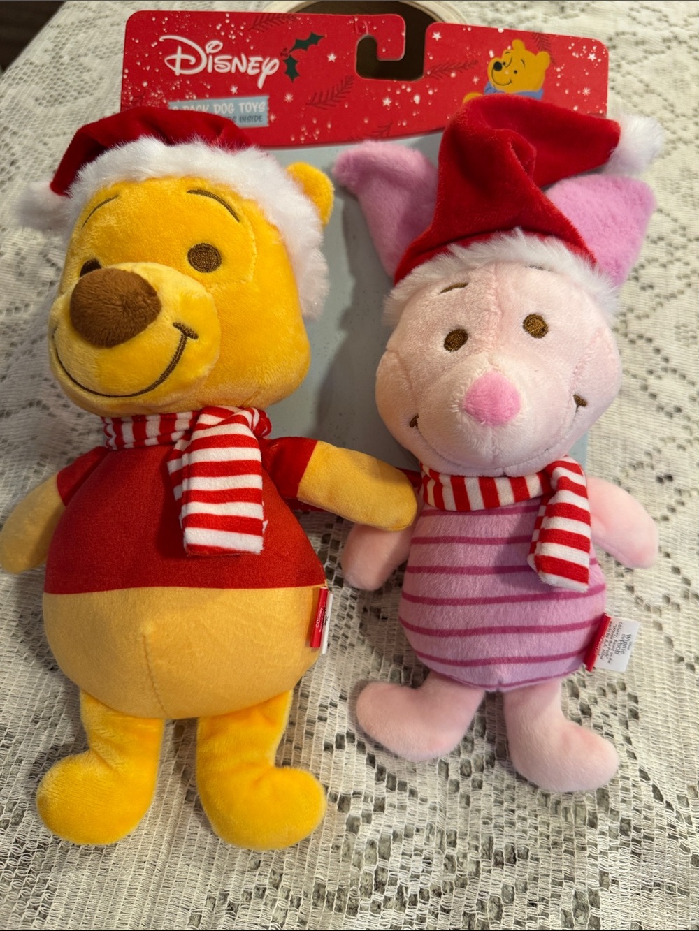 Disney Winnie the Pooh and Piglet Christmas Plush Dog Toy 2-Pack. squeakers NEW